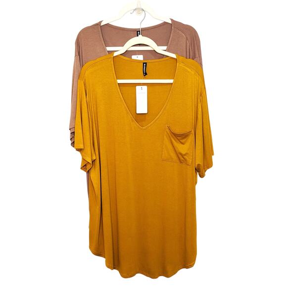 2 New Allegrace Womens 3X Shirts Tops Plus Size Short Sleeve Tan Yellow - Picture 1 of 11
